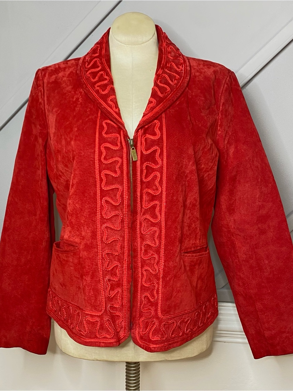 Bamboo Traders Vintage Red Genuine Suede Leather Jacket Embroidered Boho Size XL
